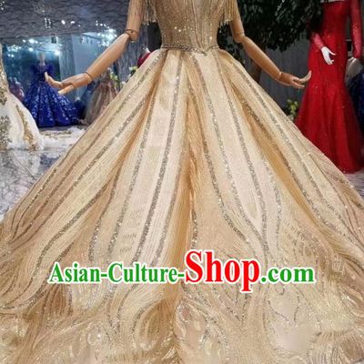 Customize Embroidered Beads Champagne Trailing Full Dress Top Grade Court Princess Waltz Dance Costume for Women