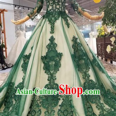 Top Grade Customize Modern Fancywork Green Lace Full Dress Court Princess Waltz Dance Costume for Women