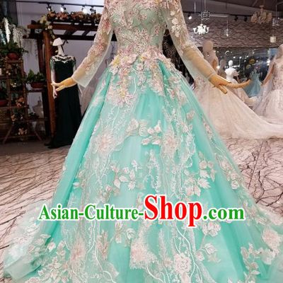 Customize Modern Fancywork Green Lace Full Dress Top Grade Waltz Dance Costume for Women