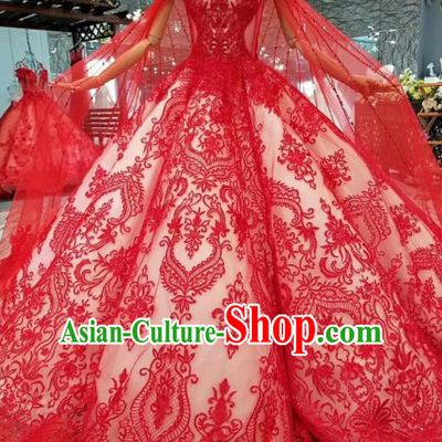 Top Grade Modern Fancywork Red Lace Full Dress Customize Waltz Dance Costume for Women