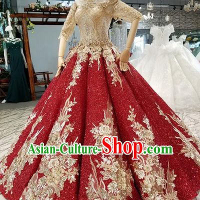 Top Grade Modern Fancywork Wine Red Sequins Full Dress Customize Waltz Dance Costume for Women
