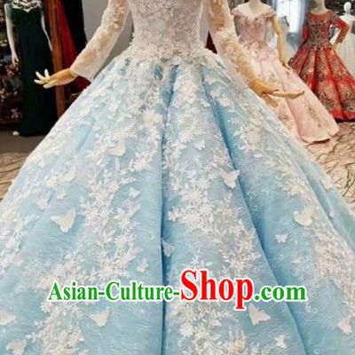 Top Grade Modern Fancywork Light Blue Full Dress Customize Waltz Dance Costume for Women