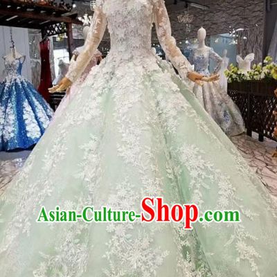 Top Grade Modern Fancywork Light Green Full Dress Customize Waltz Dance Costume for Women