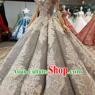 Top Grade Modern Fancywork Embroidered Grey Full Dress Customize Waltz Dance Costume for Women