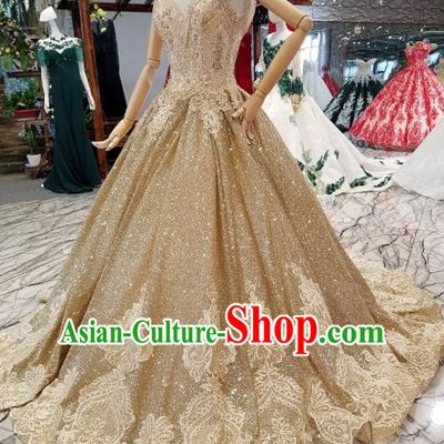 Top Grade Modern Fancywork Embroidered Golden Full Dress Customize Waltz Dance Costume for Women