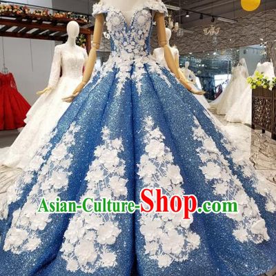 Top Grade Modern Fancywork Blue Sequins Full Dress Customize Waltz Dance Costume for Women