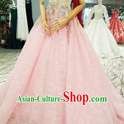 Top Grade Modern Fancywork Pink Veil Full Dress Customize Waltz Dance Costume for Women