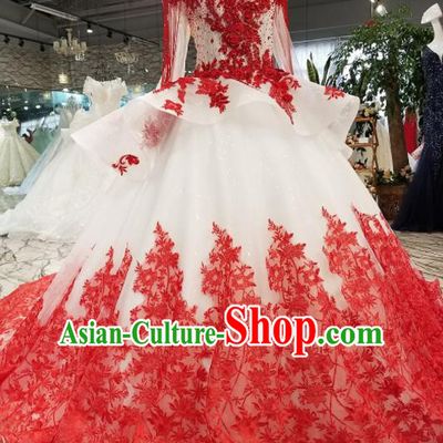Top Grade Modern Fancywork Court Red Lace Full Dress Customize Princess Waltz Dance Costume for Women