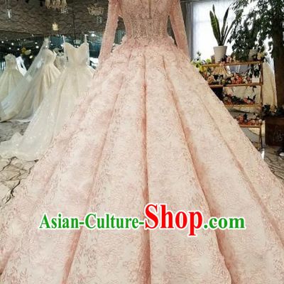 Top Grade Pink Lace Full Dress Customize Modern Fancywork Princess Waltz Dance Costume for Women