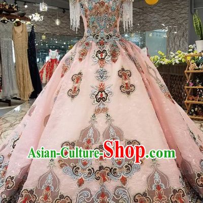 Top Grade Embroidered Pink Trailing Full Dress Customize Modern Fancywork Princess Waltz Dance Costume for Women