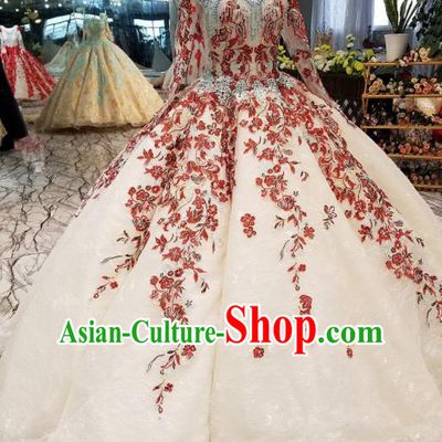 Top Grade Embroidered White Trailing Full Dress Customize Modern Fancywork Princess Waltz Dance Costume for Women