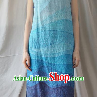 Chinese Traditional National Costume Blue Linen Qipao Dress Tang Suit Cheongsam for Women