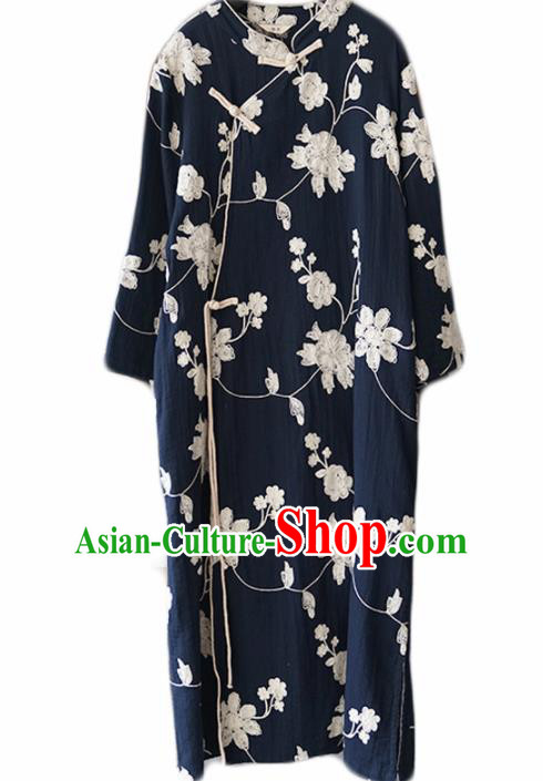 Chinese Traditional National Costume Embroidered Navy Qipao Dress Tang Suit Cheongsam for Women Chinese Traditional National Costume Embroidered Navy Qipao Dress Tang Suit Cheongsam for Women