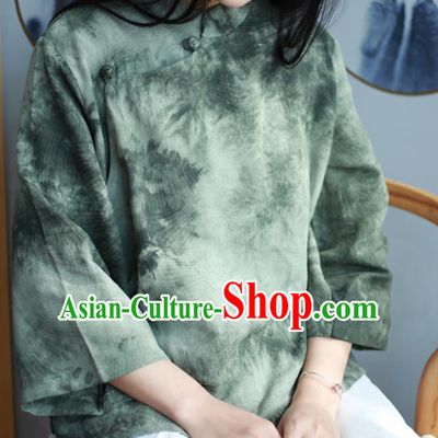 Chinese Traditional National Costume Printing Olive Green Blouse Tang Suit Upper Outer Garment for Women