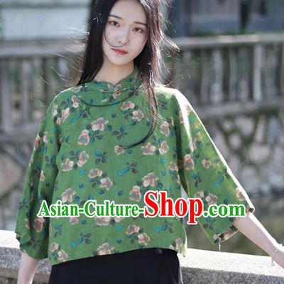 Chinese Traditional National Costume Printing Flowers Green Shirt Tang Suit Upper Outer Garment for Women