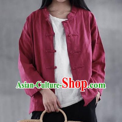 Chinese Traditional National Costume Wine Red Linen Shirt Tang Suit Upper Outer Garment for Women