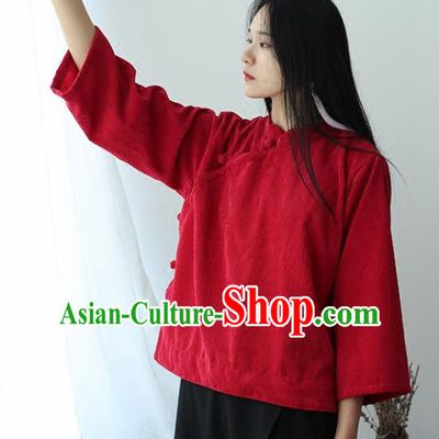 Chinese Traditional National Costume Red Corduroy Jacket Tang Suit Upper Outer Garment for Women