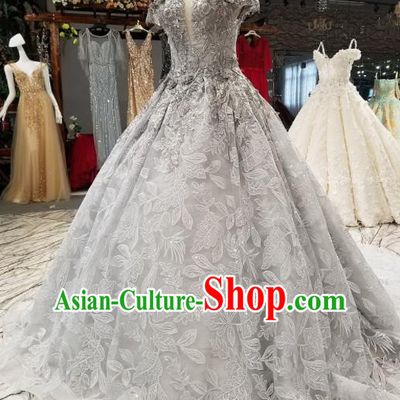 Top Grade Embroidered Grey Veil Full Dress Customize Modern Fancywork Princess Waltz Dance Costume for Women