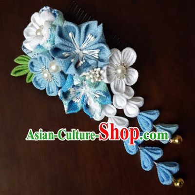 Traditional Japan Geisha Blue Sakura Tassel Hair Claw Japanese Kimono Hair Accessories for Women