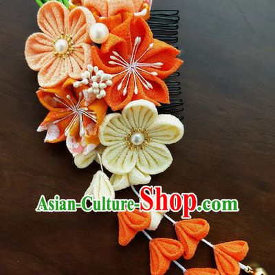 Traditional Japan Geisha Orange Sakura Tassel Hair Comb Japanese Kimono Hair Accessories for Women