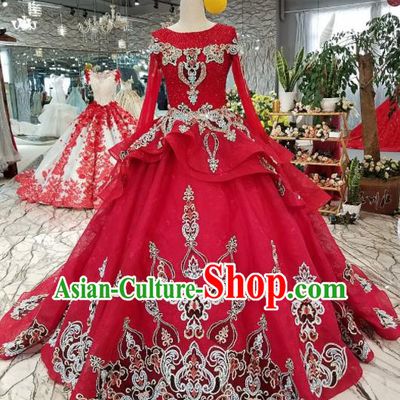 Top Grade Embroidered Long Trailing Red Full Dress Customize Modern Fancywork Princess Waltz Dance Costume for Women
