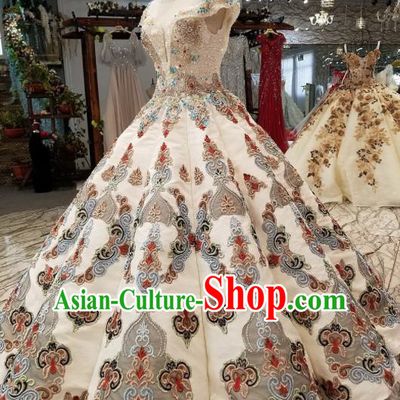Top Grade Embroidered Flat Shouders White Full Dress Customize Modern Fancywork Princess Waltz Dance Costume for Women