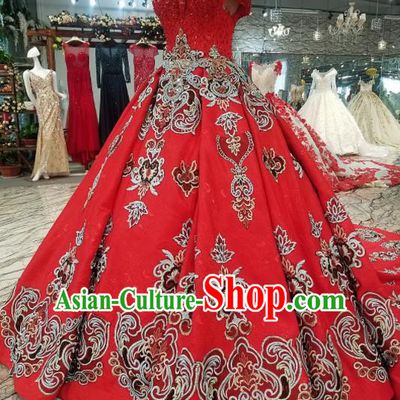 Top Grade Embroidered Flat Shouders Trailing Red Full Dress Customize Modern Fancywork Princess Waltz Dance Costume for Women