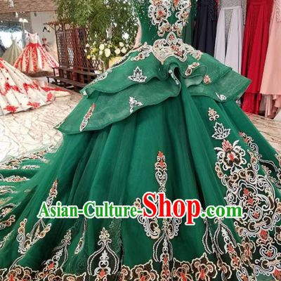 Top Grade Handmade Embroidered Court Green Full Dress Customize Modern Fancywork Waltz Dance Costume for Women