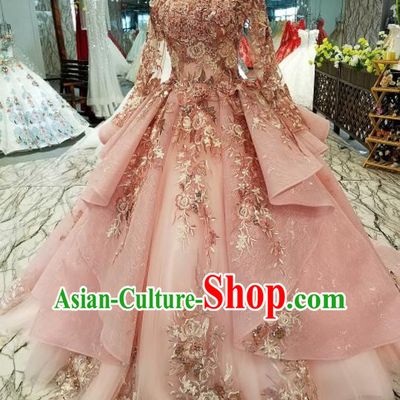 Top Grade Modern Fancywork Court Embroidered Pink Full Dress Customize Princess Waltz Dance Costume for Women