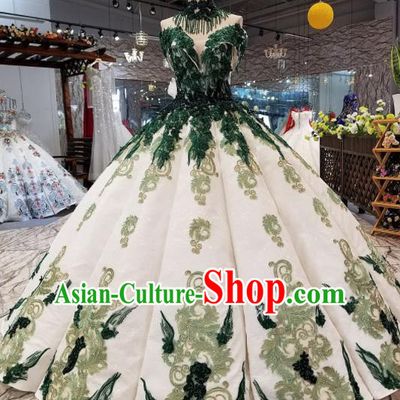 Top Grade Modern Fancywork Court Green Lace Full Dress Customize Princess Waltz Dance Costume for Women