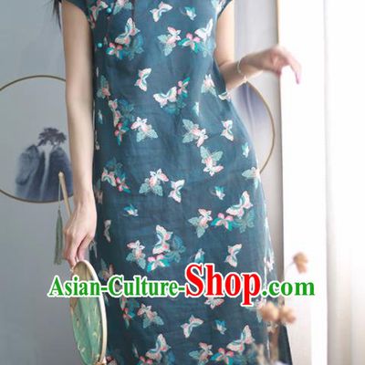 Chinese Traditional National Costume Printing Butterfly Navy Qipao Dress Tang Suit Cheongsam for Women