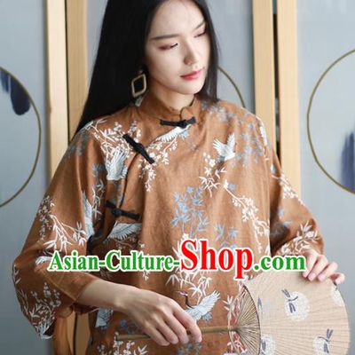 Chinese Traditional National Costume Printing Brown Blouse Tang Suit Upper Outer Garment for Women