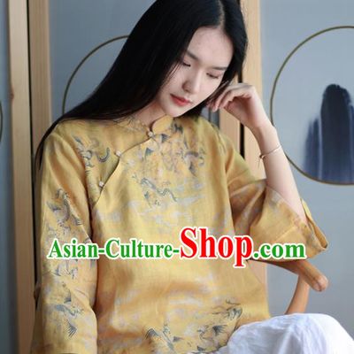 Chinese Traditional National Costume Printing Crane Yellow Blouse Tang Suit Upper Outer Garment for Women