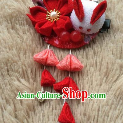 Traditional Japan Red Sakura Rabbit Tassel Hair Stick Japanese Kimono Hair Accessories for Women