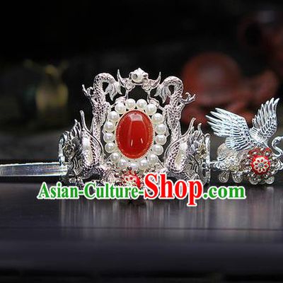 China Ancient Swordsman Argent Cranes Hairdo Crown Red Bead Hairpins Chinese Traditional Hanfu Hair Accessories for Men