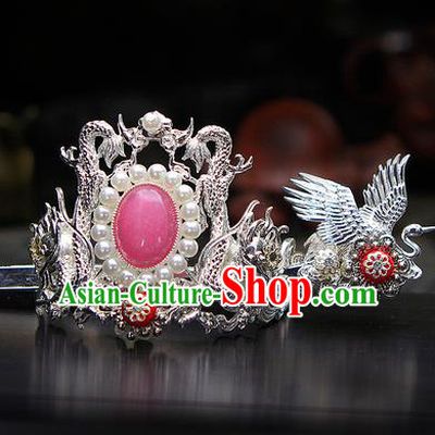 China Ancient Swordsman Argent Cranes Hairdo Crown Pink Bead Hairpins Chinese Traditional Hanfu Hair Accessories for Men