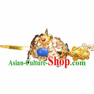 China Ancient Swordsman Blue Stone Hairdo Crown Hairpins Chinese Traditional Hanfu Hair Accessories for Men