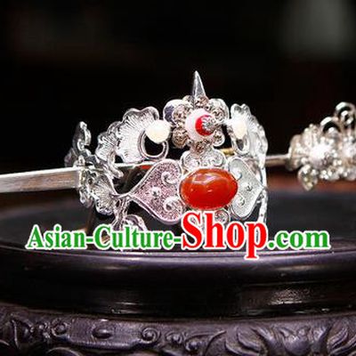 China Ancient Swordsman Red Stone Argent Hairdo Crown Hairpins Chinese Traditional Hanfu Hair Accessories for Men