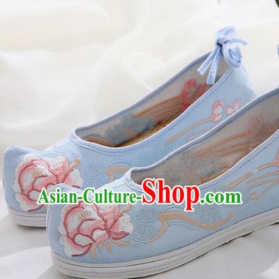 Chinese Traditional Hanfu Shoes Ancient Princess Wedding Blue Embroidered Shoes National Cloth Shoes for Women