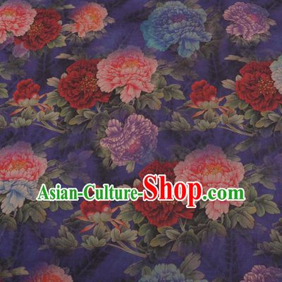 Chinese Traditional Peony Pattern Design Blue Satin Watered Gauze Brocade Fabric Asian Silk Fabric Material