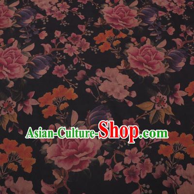 Chinese Traditional Peony Pattern Design Black Satin Watered Gauze Brocade Fabric Asian Silk Fabric Material