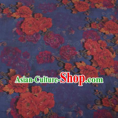 Chinese Traditional Peony Flowers Pattern Design Blue Satin Watered Gauze Brocade Fabric Asian Silk Fabric Material