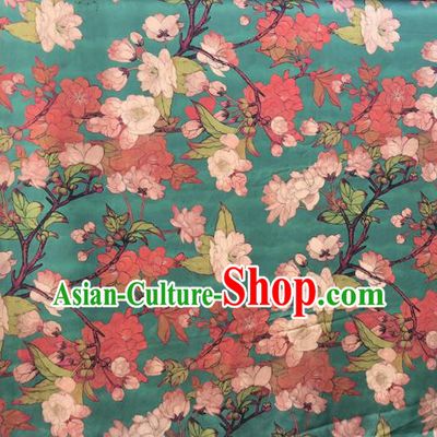 Chinese Traditional Peach Flowers Pattern Design Green Satin Watered Gauze Brocade Fabric Asian Silk Fabric Material