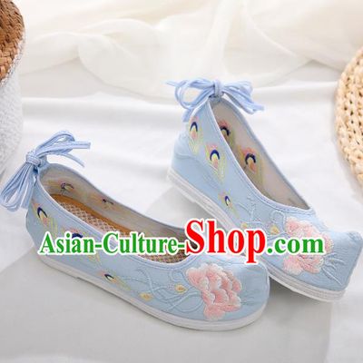 Chinese Traditional Hanfu Shoes Ancient Princess Embroidered Peony Blue Shoes National Cloth Shoes for Women