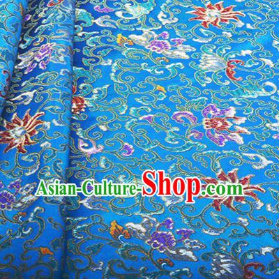 Chinese Traditional Hanfu Silk Fabric Classical Lotus Pattern Design Blue Brocade Tang Suit Fabric Material