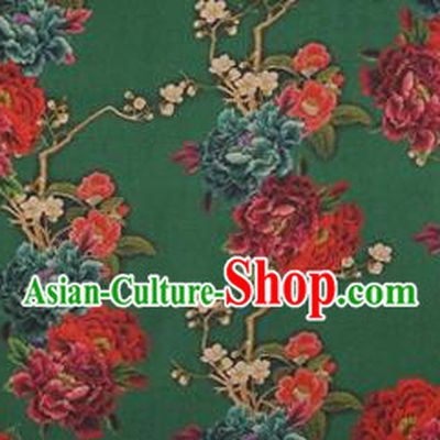 Chinese Traditional Peony Flowers Pattern Design Green Satin Watered Gauze Brocade Fabric Asian Silk Fabric Material
