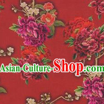 Chinese Traditional Peony Flowers Pattern Design Red Satin Watered Gauze Brocade Fabric Asian Silk Fabric Material