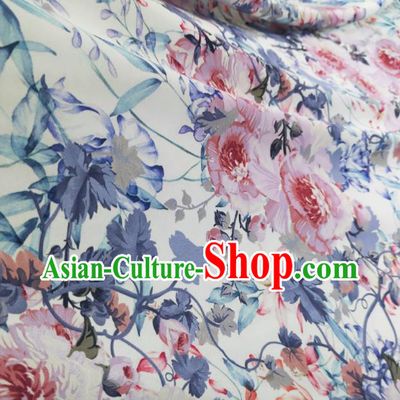 Chinese Traditional Peony Pattern Design White Satin Watered Gauze Brocade Fabric Asian Silk Fabric Material