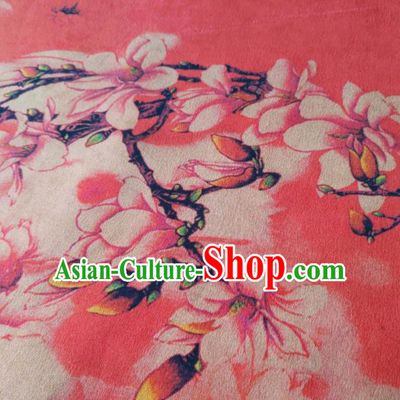 Chinese Traditional Yulan Magnolia Pattern Design Peach Pink Satin Watered Gauze Brocade Fabric Asian Silk Fabric Material