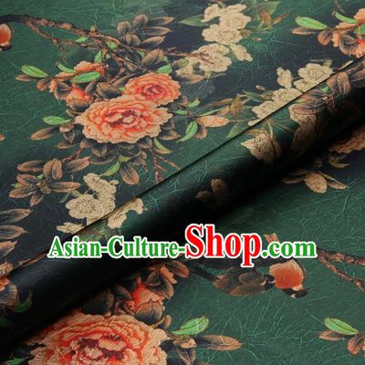 Chinese Traditional Peony Flowers Pattern Design Green Satin Watered Gauze Brocade Fabric Asian Silk Fabric Material
